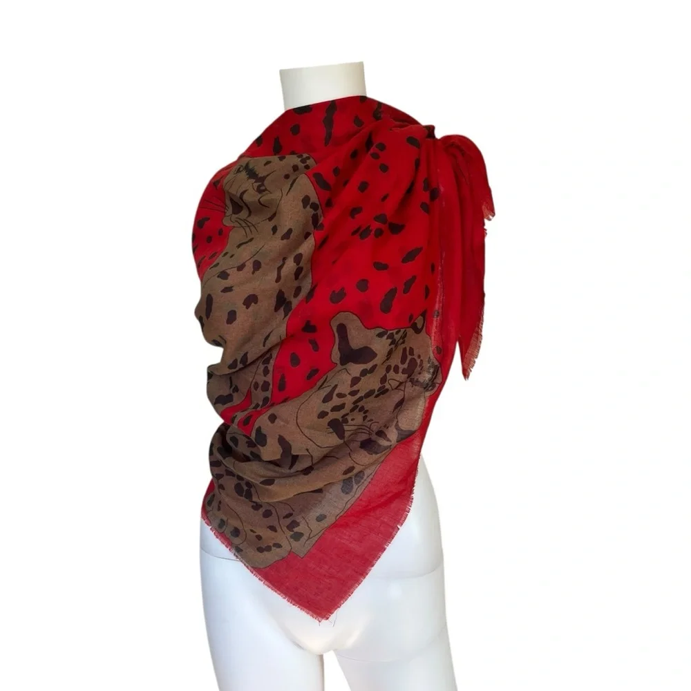 Vintage Large Square Scarf Red Cheetah Print Maximalist Colorful Raw Hem